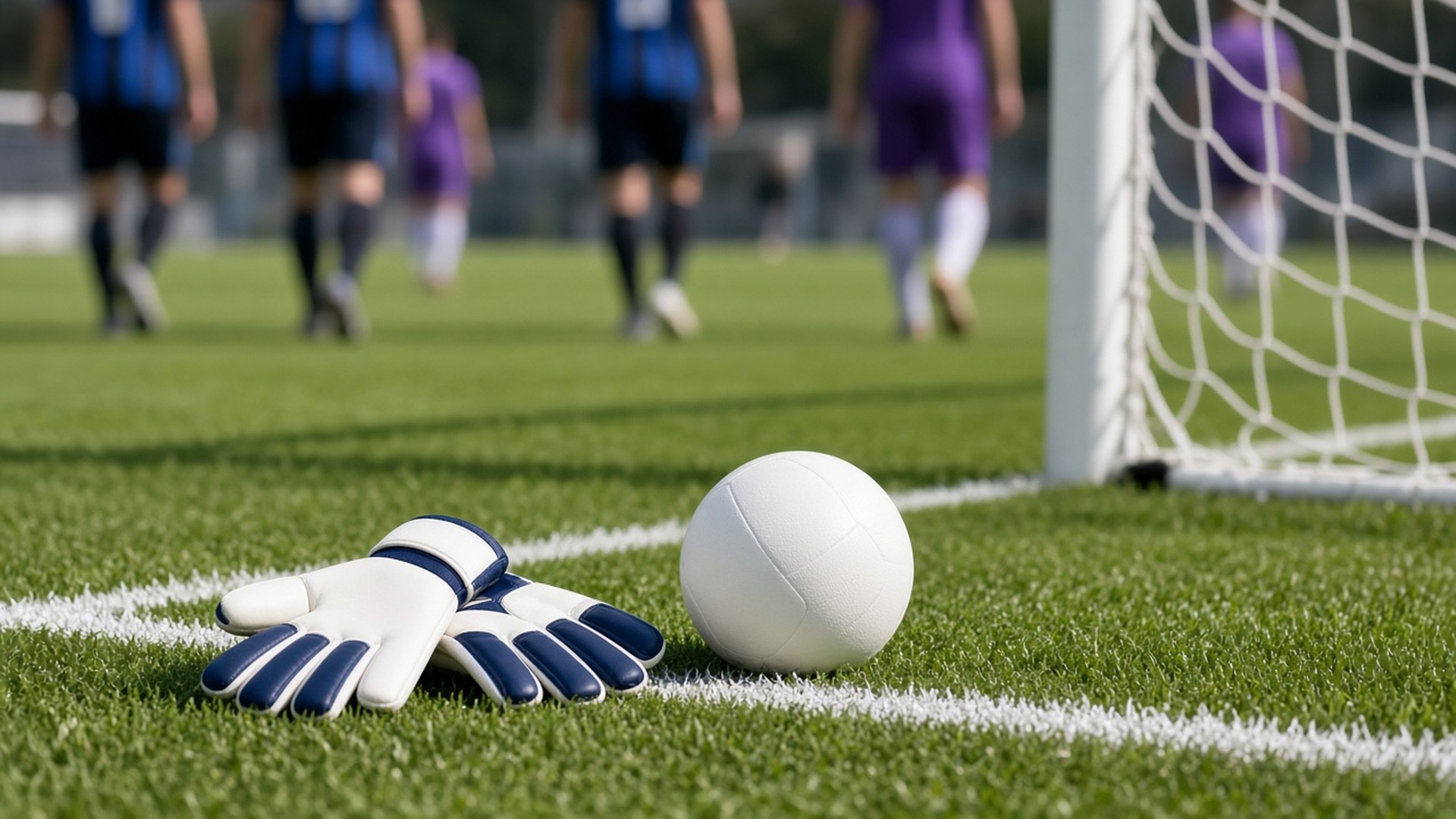 Inter Fiorentina probabili formazioni: un paio di guanti da portiere bianchi e blu posati sulla linea bianca di porta accanto a un pallone sotto il sole di mezzogiorno, con sagome sfocate di calciatori in maglia nerazzurra e viola sullo sfondo (immagine generata con IA)